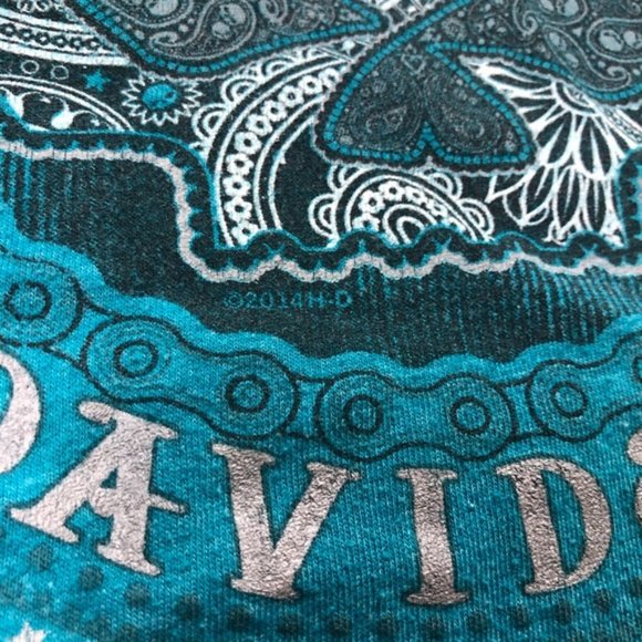 Harley Davidson "2014" Skull 💀 T-Shirt Teal V- neck El Paso Texas Size Large - Picture 3 of 12